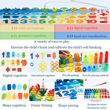 4 in 1 Wooden Educational Numbers, Shapes, Stacking and Fishing Toy Set