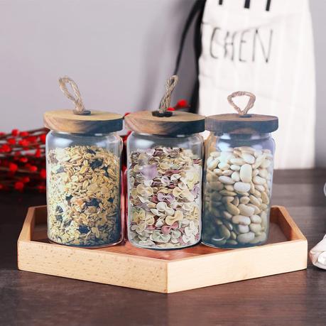 Glass Storage Glass Jar with Acacia Wood Lid - 750ml - Set of 3