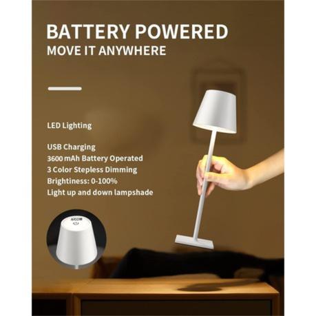 AICOM-Rechargeable 3-color LED Metal Table Lamp Lasting Up to 12 hours - White - Image 3