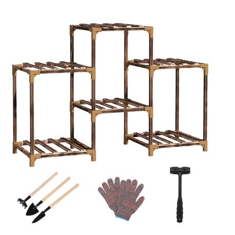 Bestby- 6/8 Tiered Carbonized Wood Pot Plant Flower Stand Shelf with Tools - 81 cm