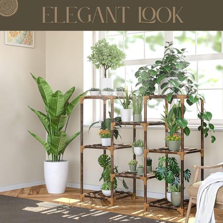 Bestby- 6/8 Tiered Carbonized Wood Pot Plant Flower Stand Shelf with Tools - 81 cm - Image 10