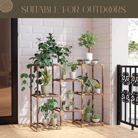 Bestby- 6/8 Tiered Carbonized Wood Pot Plant Flower Stand Shelf with Tools - 81 cm - Image 11
