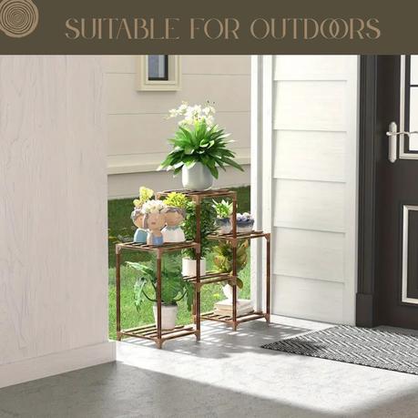 Bestby- 6/8 Tiered Carbonized Wood Pot Plant Flower Stand Shelf with Tools - 81 cm - Image 12