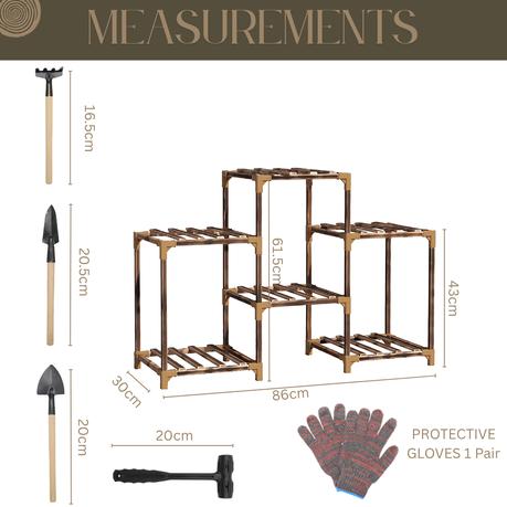 Bestby- 6/8 Tiered Carbonized Wood Pot Plant Flower Stand Shelf with Tools - 81 cm - Image 4