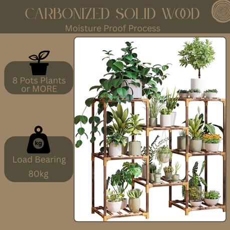 Bestby- 6/8 Tiered Carbonized Wood Pot Plant Flower Stand Shelf with Tools - 81 cm - Image 7
