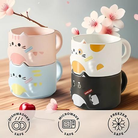 Bestby-Heat-Resistant Stackable Cartoon Cat Ceramic Coffee Mugs Set of 4 - Image 4