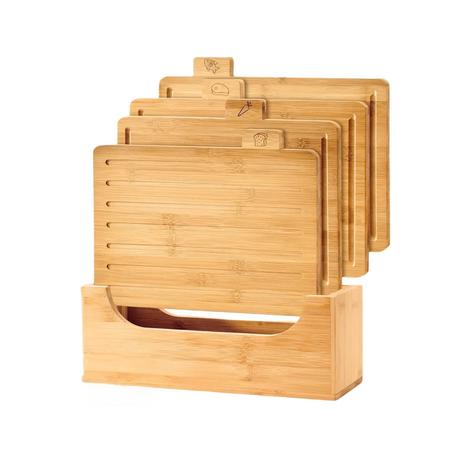 Bestby - 4pcs Engraved Food Icon Bamboo Cutting Boards with Storage Holder
